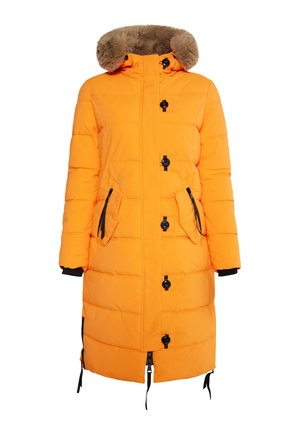 Oranssi puffatakki, jossa on turkiskauluksen reunus, vetoketju- ja napituskiristys, kaksi sivutaskua ja mustat yksityiskohdat. Ominaisuudet sisältävät pitkän, suoran muotoilun.