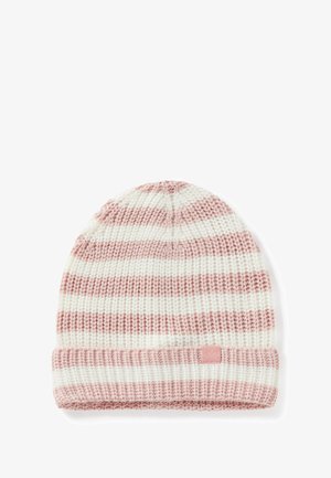 Gorro de punto a rayas en colores rosa y crema, con una textura suave, puño enrollado y una pequeña etiqueta de tela en el costado.