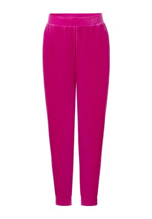 Fleece-Jogginghosen in lebendigem Fuchsiaton mit elastischem Bund, schmal zulaufenden Beinen und dezentem Muster für Komfort und Wärme.