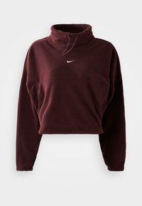 Bordeaux-farbenes Fleece-Pullover mit hohem Kragen, verstellbarem Kordelzug und weißem Logo. Hat eine lockere, cropped Passform und lange Ärmel.