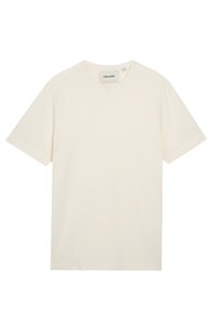 Cremefarvet kortærmet t-shirt lavet af blødt stof, med rund halsudskæring og en enkel, sømløs design. Ingen mønstre eller detaljer.