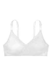 Biała biustonosz o gładkiej tkaninie, miękkich miseczkach i regulowanych ramiączkach. Posiada prosty, minimalistyczny design, bez ozdób.