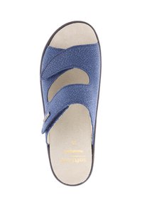 Blue sandal with textured upper, two adjustable straps, and a cushioned beige footbed. Black outsole. Size 36 indicated on footbed.