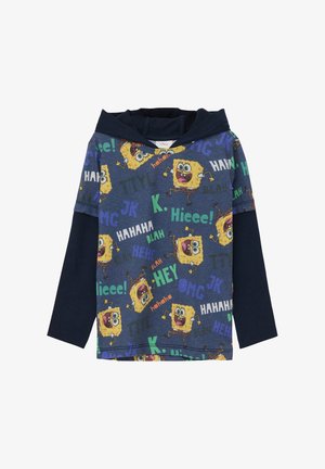 Bluza z kapturem w mieszance niebieskiego i granatowego, ozdobiona kolorowymi grafikami i tekstem z postacią SpongeBoba w żywych, zabawnych czcionkach.