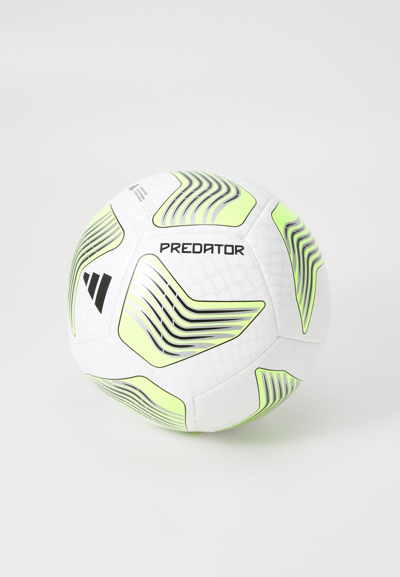 White soccer ball with green accents and black detailing, featuring a textured surface, layered design, and the word "PREDATOR" prominently displayed.