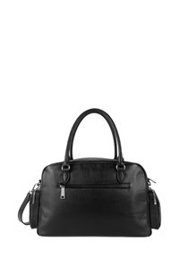 Borsa a mano nera in pelle con doppio manico superiore, tasca frontale con zip e tracolla staccabile; texture liscia e design strutturato.