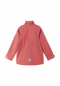 Veste imperméable rose avec col montant, manches longues, fermetures éclair latérales et un écusson carré avec logo en bas du dos. Présente une texture lisse.