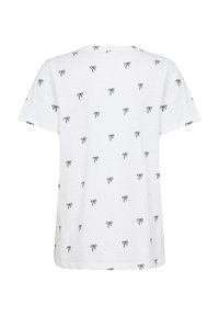 Balts īsām piedurknēm T-krekls ar gludu faktūru, uz kura ir atkārtots melnu loku raksts. Vienkāršs, brīvs piegriezums.