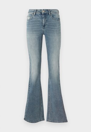 Světle modré rozšířené džíny vyrobené z denimu, s pěti kapsami, předním zapínáním na knoflík a jemným vyblednutím podél nohavic.