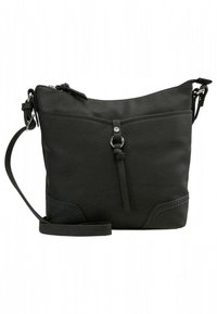 Black leather crossbody bag with a zip closure, slim design, front pocket, textured surface, adjustable strap, and decorative hardware.