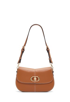 Brown leather shoulder bag with white stitching, curved flap, gold-tone clasp, and adjustable strap with gold hardware.