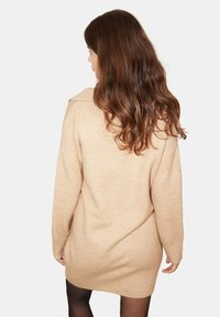 Pull beige surdimensionné avec col côtelé, manches longues et texture douce, atteignant le milieu des cuisses, vu de dos.