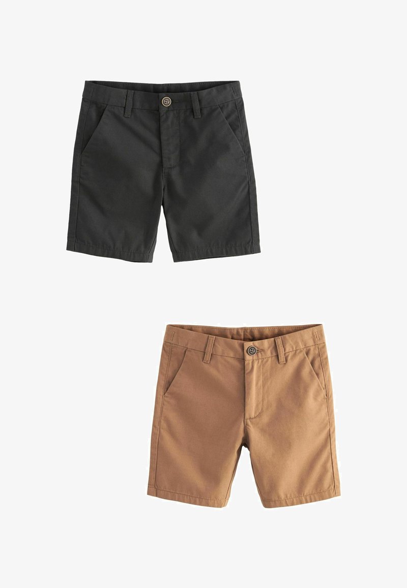 Black and brown shorts, both cotton, with front pockets, button closures, and a straight cut design.