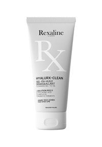 Tubo cilindrico bianco con testo nero. L'etichetta riporta "Rexaline Labs Hyalurx-Clean", specificando che si tratta di un gel detergente che si trasforma in olio.