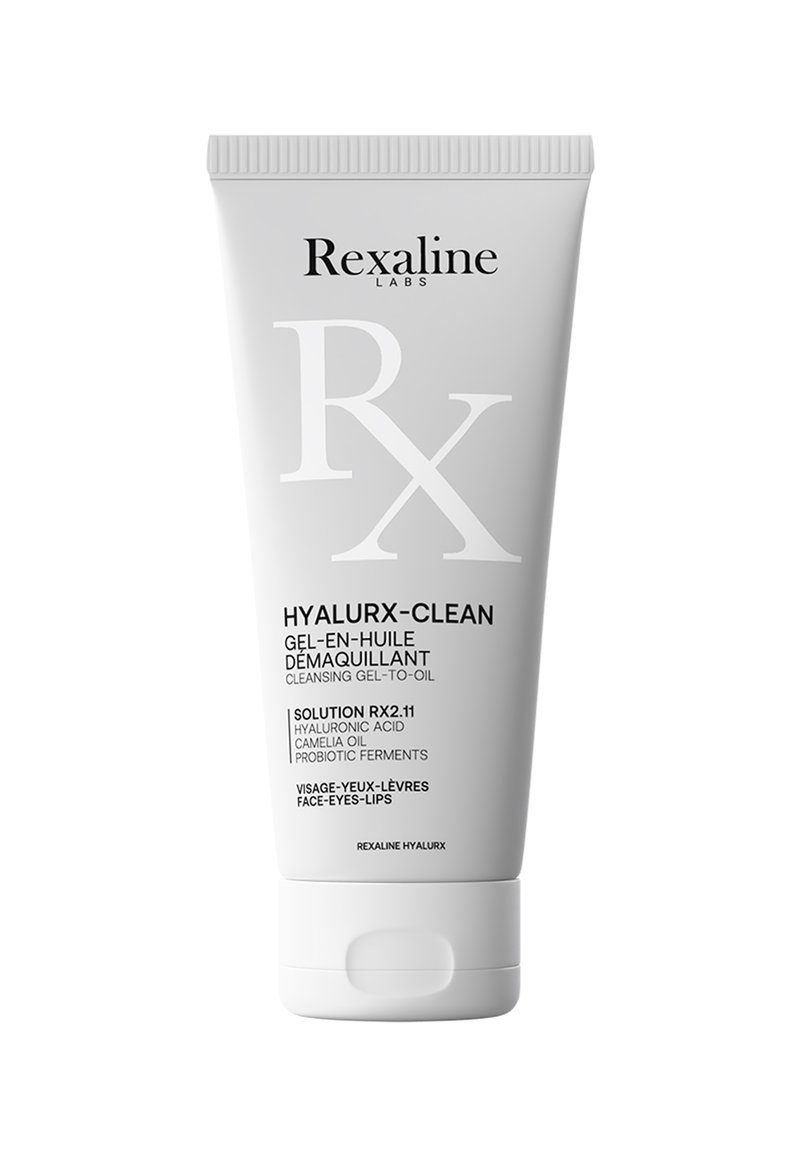 Tubo cilindrico bianco con testo nero. L'etichetta riporta "Rexaline Labs Hyalurx-Clean", specificando che si tratta di un gel detergente che si trasforma in olio.