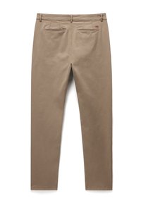 Beige bomullsbyxor med en figurnära design, med två bakfickor och subtila sömdetaljer. Slät textur med en smal benvidd.