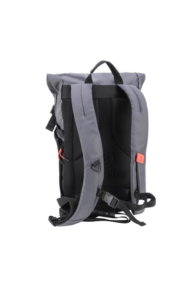 Gray roll-top backpack made of textured fabric, featuring adjustable straps, a top handle, and a red accent tag on the side.