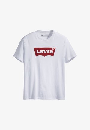 Weißes T-Shirt mit kurzen Ärmeln und Rundhalsausschnitt mit rotem Levi's-Logo mittig auf der Brust.