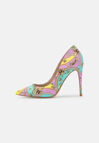 Pointed-toe high heel shoe covered in a colorful pattern of yellow, pink, and turquoise with floral and decorative accents.