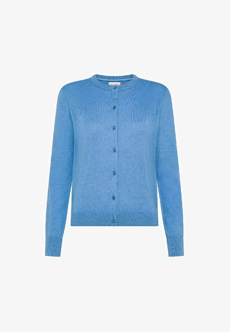 Cardigan azzurro chiaro con maniche lunghe, scollatura rotonda e chiusura a bottoni. Presenta una texture a costa ribattuta e bottoni coordinati.