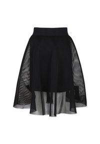 Jupe en maille noire avec une taille haute, tissu semi-transparent, coupe évasée, et un effet superposé avec une doublure intérieure.