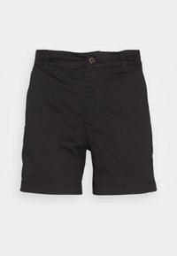 Shorts neri in cotone con chiusura a bottone, design frontale piatto e tasche laterali. Il tessuto ha una texture liscia e un orlo pulito.