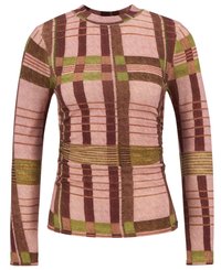 Langarmtop met een aansluitend ontwerp, voorzien van een geruit patroon in roze, groen en bruin. Gemaakt van een textuurstof met rimpeldetails.