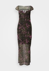 Durchsichtiges schwarzes Kleid mit floralen Mustern in Pink und Grün, mit einem Rundhalsausschnitt, kurzärmeligen Flügelärmeln und einer taillierten Silhouette mit Schlitzen an den Seiten.