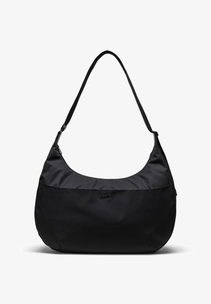 Sac d'épaule en nylon noir avec une texture lisse, une forme incurvée, une sangle ajustable et un petit logo sur le devant.