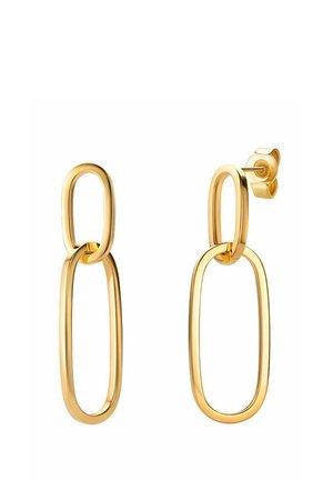 Gold metal earrings featuring an elongated, linked oval design with a smooth finish and a stud backing. Polished surface reflects light.