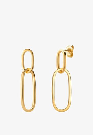 Zlatne metalne naušnice s izduženim, povezanim ovalnim dizajnom, glatkom završnom obradom i zakovicama. Polirana površina odražava svjetlost.