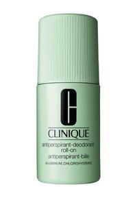 Antiperspirant roll-on Clinique dans un conteneur cylindrique vert clair avec un capuchon strié ; affiche un texte et un logo noirs.