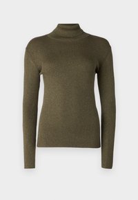 Pull à col roulé en olive à manches longues, cordé, avec des fils métalliques subtils et une silhouette ajustée.