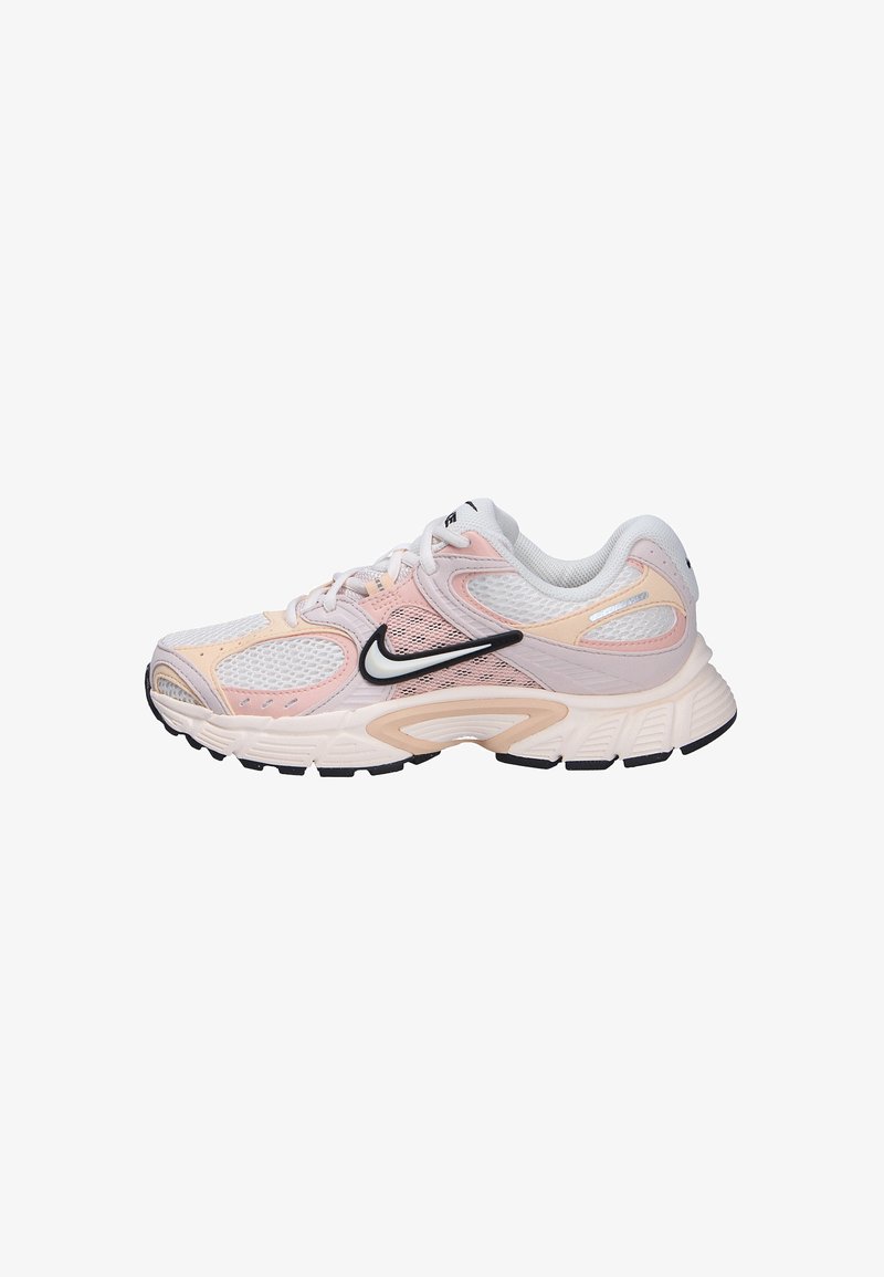 White and pale pink Nike running shoe with black swoosh, mesh upper, cushioned sole, and laces, shown in side profile on white background.