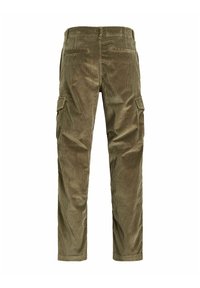 Corduroy cargo pants in olive green with a textured finish, featuring two side pockets and a tailored fit. Back welt pockets are included.