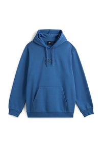 Sweat à capuche bleu avec poche avant et cordons, avec un logo en relief subtil au centre de la poitrine.