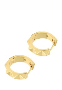 Goldene Creolen mit strukturierter Oberfläche und dreieckigen Akzenten entlang des äußeren Randes. Runde Form, polierte Oberfläche, sichere Scharnier-Verschluss.