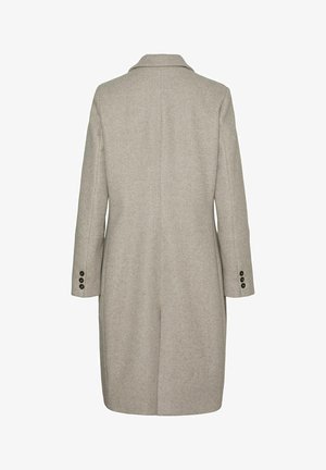 Manteau en laine gris clair, de longueur genou, à un bouton, avec un col cranté, des manches longues ornées de trois boutons noirs, texture lisse, style minimaliste.