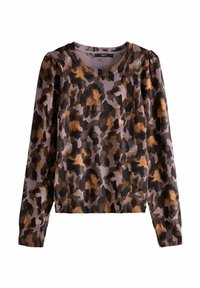 Leopardo raštas megztinis rudos ir juodos spalvų tonais ant purpurinės fono, su gipiūriniais rankogaliais ir apykakle. Šiek tiek pūstais petys.