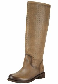 Botte haute en cuir marron avec un talon bas et un motif complexe de points croisés sur la tige, dotée d'un bout lisse et arrondi ainsi que d'un détail logo sur le côté.