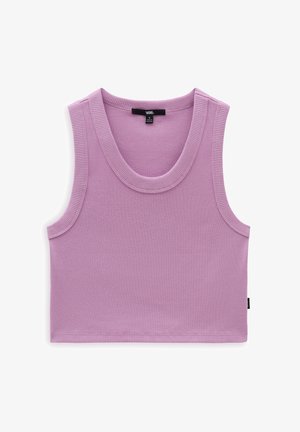 Geribbelde, mouwloze crop top in lichtroze. Heeft een brede ronde hals en een nette zoom. Het materiaal lijkt rekbaar en zacht. Merklabel zichtbaar.