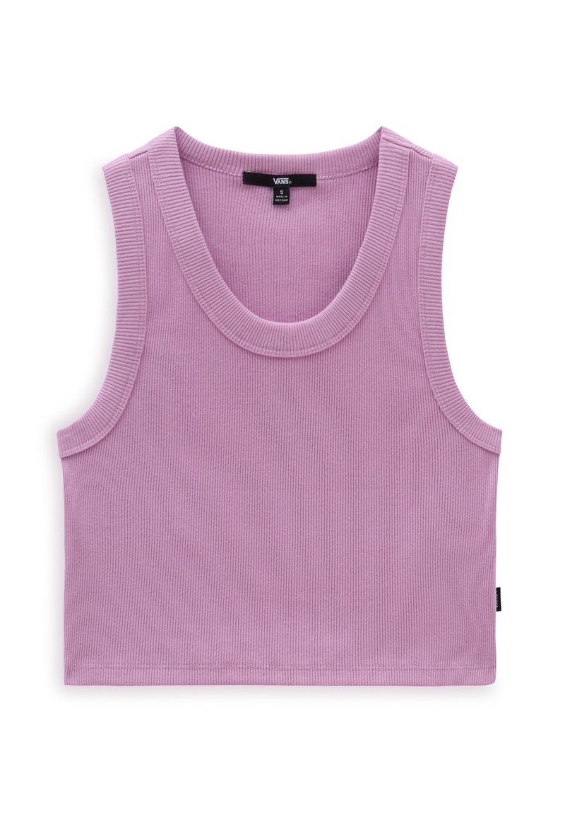 Top court à col rond large, sans manches, en rose clair avec un effet côtelé. Finition propre au niveau de l'ourlet. Le matériau semble extensible et doux. Étiquette de la marque visible.