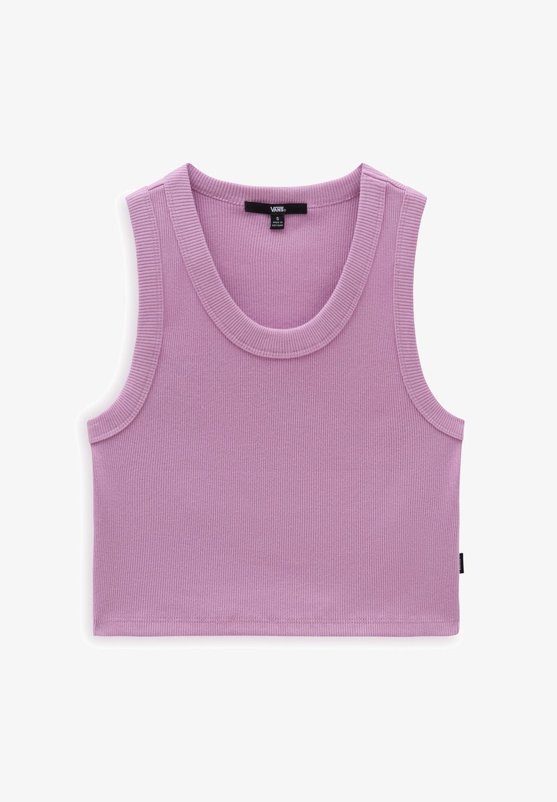 Top court à col rond large, sans manches, en rose clair avec un effet côtelé. Finition propre au niveau de l'ourlet. Le matériau semble extensible et doux. Étiquette de la marque visible.