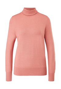 Pull à col roulé rose à manches longues avec poignets et ourlet côtelés, fabriqué en tissu tricoté doux.