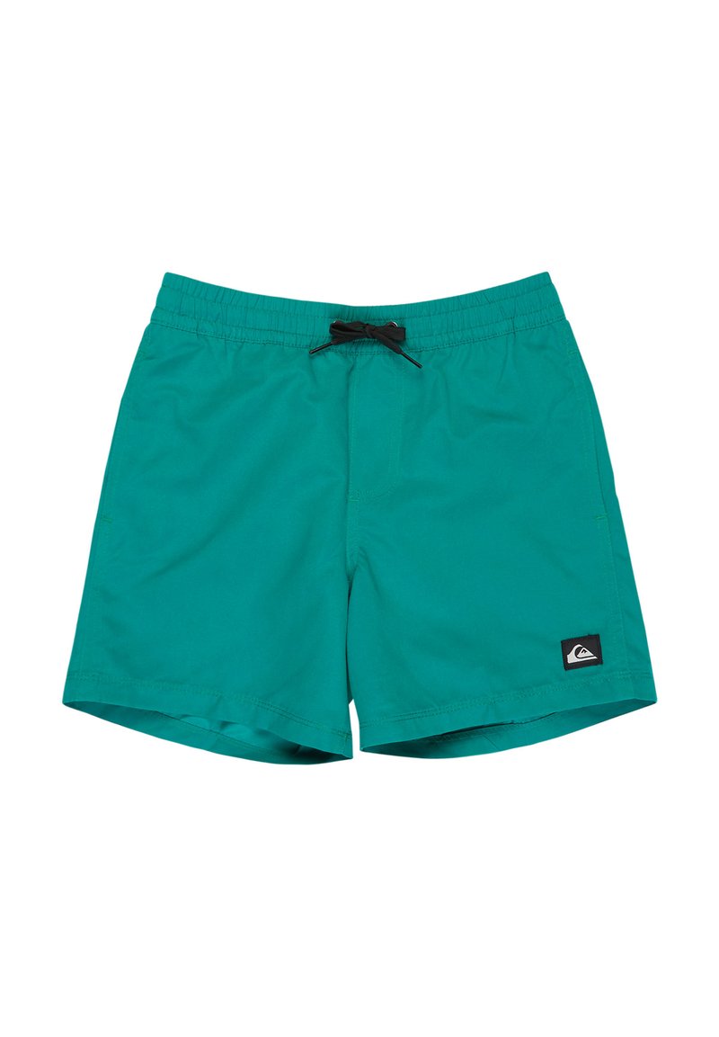 Turkosa simbyxor med elastisk midja, svart snörning och en liten svart logotyp på den nedre sidan. Slät, lättviktigt tyg.