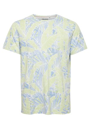T-shirt à manches courtes en bleu clair et vert, arborant un motif de feuilles tropicales contourné de blanc. Fabriqué en tissu doux et respirant.