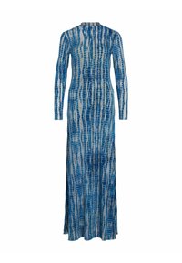 Robe à manches longues en tissu transparent avec un motif abstrait bleu et blanc. Dotée d'un col montant et d'une silhouette droite.