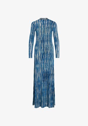 Robe à manches longues en tissu transparent avec un motif abstrait bleu et blanc. Dotée d'un col montant et d'une silhouette droite.