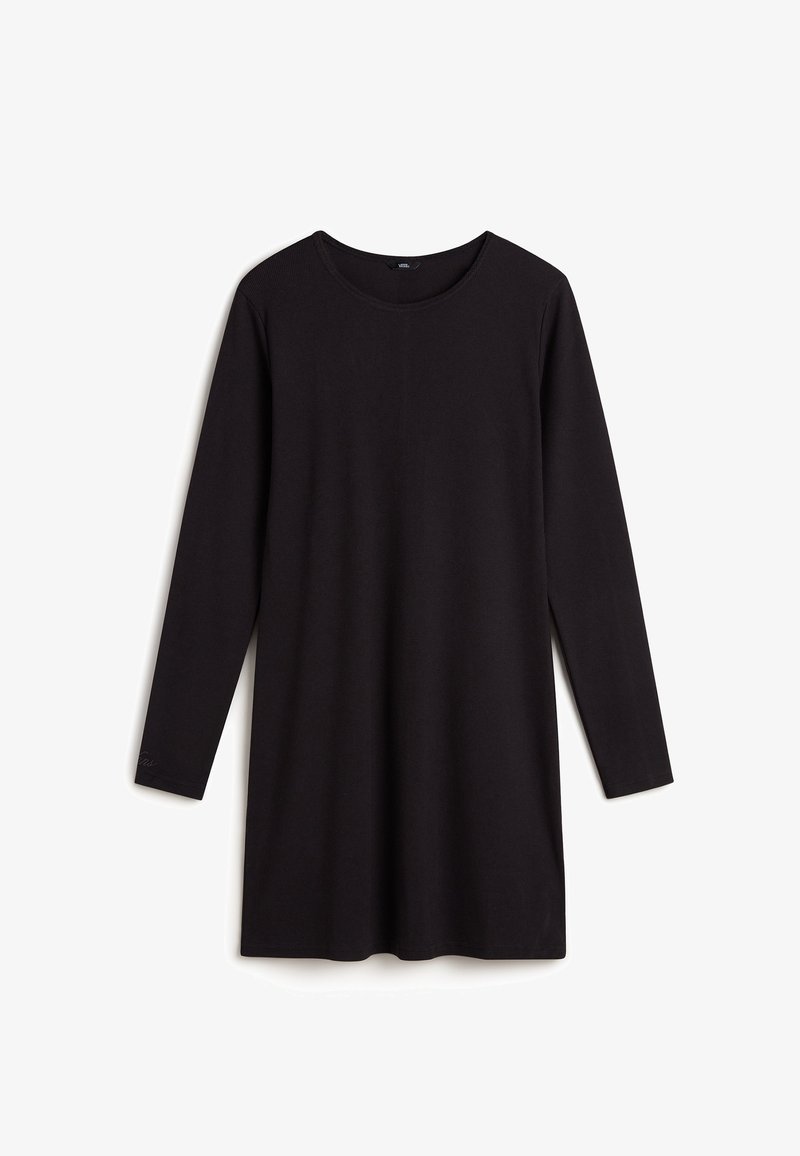 Robe noire à manches longues avec encolure ronde, coupe droite et design simple, posée à plat sur fond blanc.
