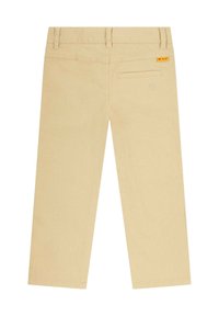 Helle beige Hose, gerader Schnitt, aus Baumwolle. Mit einer Gesäßtasche mit dezentem Logo und einer gesteppten Naht-Detail.